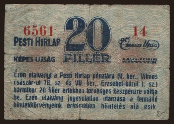 Hungary, Local issues, 1900-1945: Budapest/ Pesti Hirlap, 20 fillér, 1919