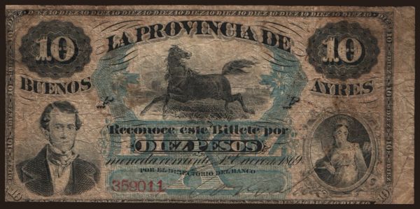 America, Argentina: Buenos Ayres, 10 pesos, 1869