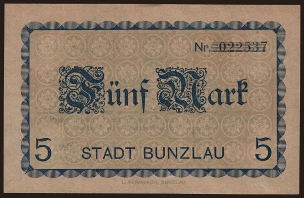 Nemecko, Grossgeld, Inflation, 1918-1920: Bunzlau/ Stadt, 5 Mark, 1918