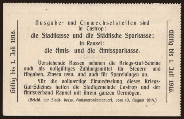 Németország, Notgeld, 1914-1915: Castrop und Rauxel/ Stadt und Amtsverband, 1/2 Mark, 1914