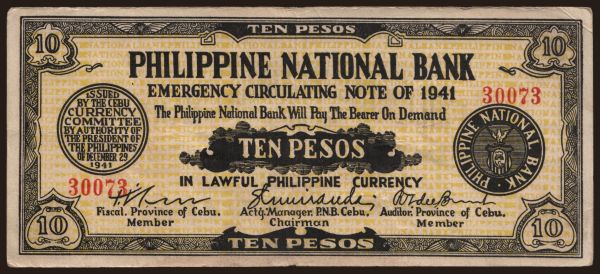 Ázia, Filipí­ny, Filipí­ny - Núdzové vydania: Cebu, 10 pesos, 1941