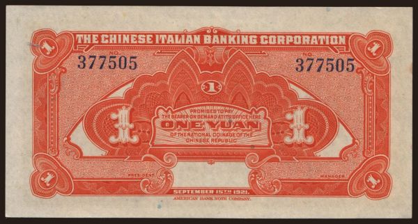 Ázsia, Kína, Provincial Banks: Chinese Italian Banking Corporation, 1 yuan, 1921