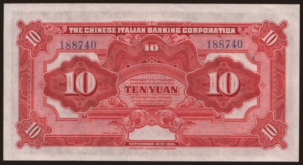 Ázsia, Kína, Provincial Banks: Chinese Italian Banking Corporation, 10 Yuan, 1921