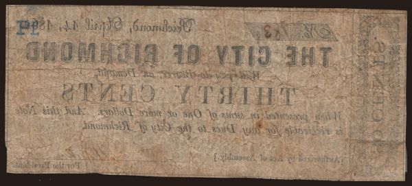 Amerika, USA, USA - Helyi kiadások: City of Richmond, 30 cents, 1862