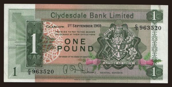 Európa, Spojené Kráľovstvo, Škótsko: Clydesdale Bank, 1 pound, 1969