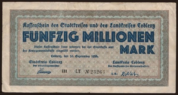 Németország, Grossgeld, Inflation, 1923: Coblenz/ Stadtkreis und Landkreis, 50.000.000 Mark, 1923