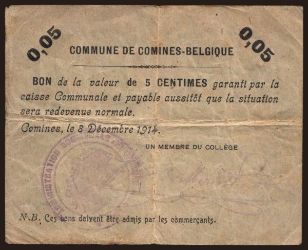 Europe, Belgium, Belgium - Emergency issues: Comines, 5 centimes, 1914