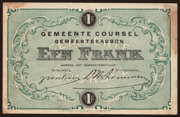 Európa, Belgicko, Belgicko - Núdzové vydania: Coursel, 1 frank, 191?