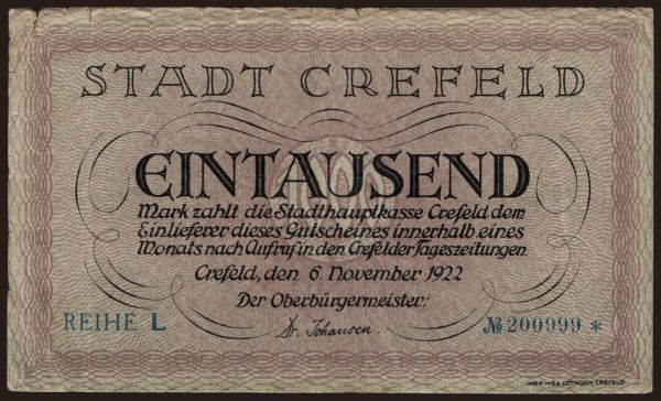 Németország, Grossgeld, Inflation, 1922: Crefeld/ Stadt, 1000 Mark, 1922