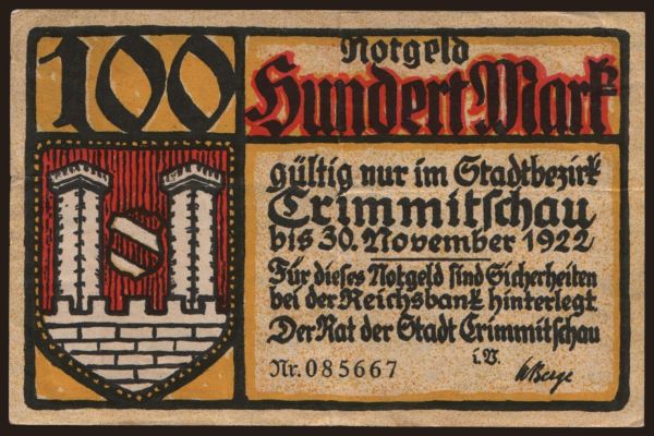 Németország, Grossgeld, Inflation, 1922: Crimmitschau/ Stadt, 100 Mark, 1922