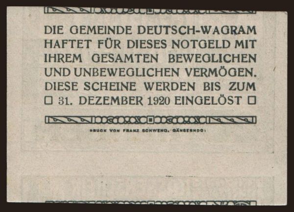 Austria and Austro-Hungary, Notgeld - Heller, Gemeinde (1918-1923): Deutsch-Wagram, 20 Heller, 1920