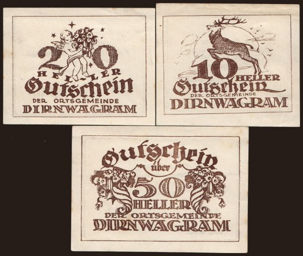 Austria and Austro-Hungary, Notgeld - Heller, Gemeinde (1918-1923): Dirnwagram, 10, 20, 50 Heller, 1921