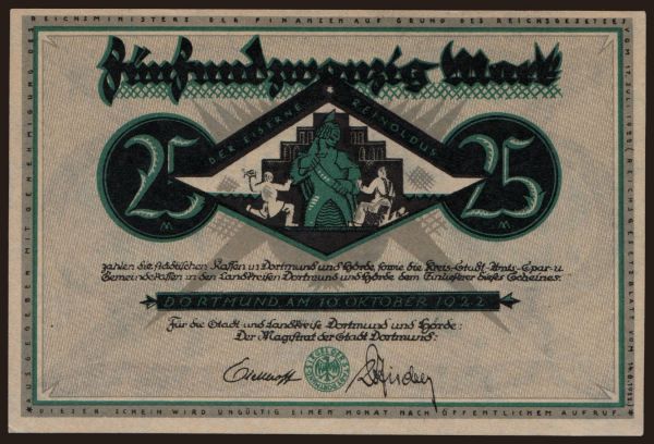 Germany, Grossgeld, Inflation, 1922: Dortmund Hörde/ Stadt- und Landkreise, 25 Mark, 1922