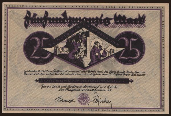 Nemecko, Grossgeld, Inflation, 1922: Dortmund Hörde/ Stadt- und Landkreise, 25 Mark, 1922