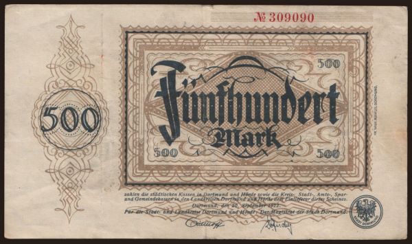 Germany, Grossgeld, Inflation, 1922: Dortmund und Hörde/ Stadt und Landkreise, 500 Mark, 1922