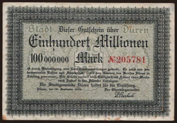 Nemecko, Grossgeld, Inflation, 1923: Düren/ Stadt, 100.000.000 Mark, 1923