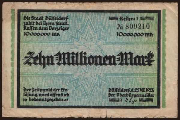 Nemecko, Grossgeld, Inflation, 1923: Düsseldorf/ Stadt, 10.000.000 Mark, 1923