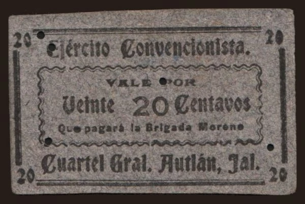 Amerika, Mexico: Ejercito Convencionista, Cuartel Gral. Autlan, 20 centavos, 191?