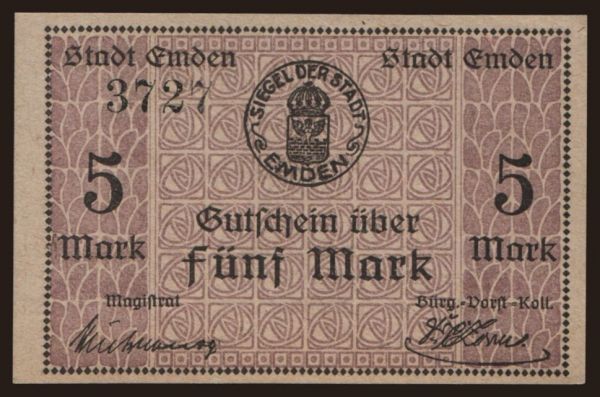 Nemecko, Grossgeld, Inflation, 1918-1920: Emden/ Stadt, 5 Mark, 1919