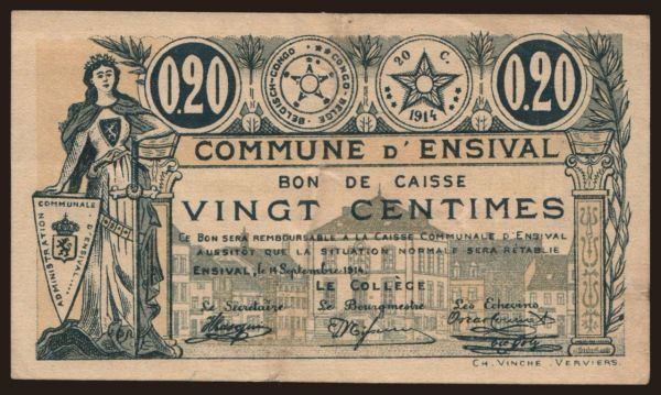 Európa, Belgicko, Belgicko - Núdzové vydania: Ensival, 20 centimes, 1914