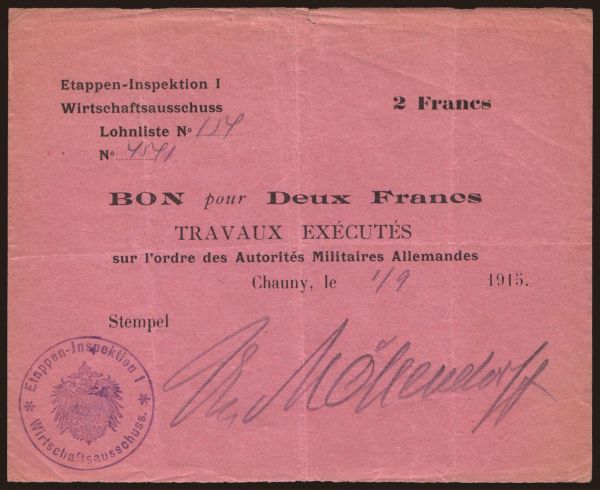 Germany, Occupation (1914-1918): Etappen-Inspektion I, 2 francs, 1915