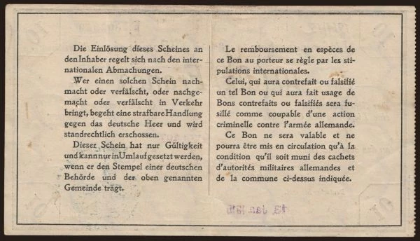 Nemecko, Okupácia (1914-1918): Etappen-Inspektion II, 10 francs, 1915