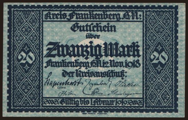 Németország, Grossgeld, Inflation, 1918-1920: Frankenberg/ Kreis, 20 Mark, 1918