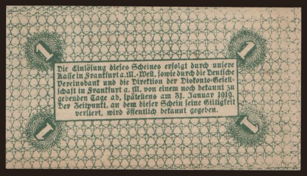 Germany, Grossgeld, Inflation, 1918-1920: Frankfurt/ Frankfurter Maschinenbau A.G., 1 Mark, 1918