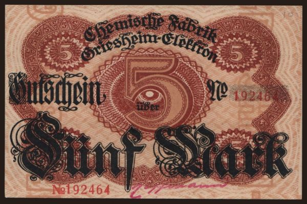 Nemecko, Grossgeld, Inflation, 1918-1920: Frankfurt a M./ Chemische Fabrik Griesheim-Elektron, 5 Mark, 1918