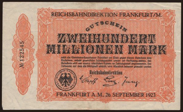 Németország, Deutsche Reichsbahn / Reichspost: Frankfurt am Main, 200.000.000 Mark, 1923