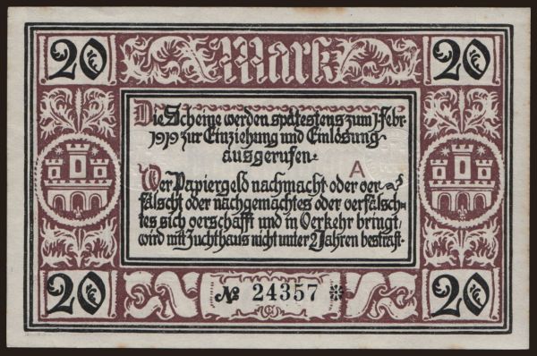 Németország, Grossgeld, Inflation, 1918-1920: Freiburg/ Stadt, 20 Mark, 1918