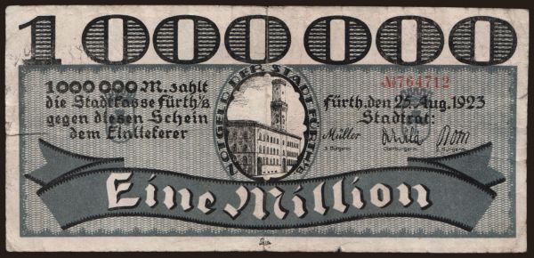 Németország, Grossgeld, Inflation, 1923: Fürth/ Stadt, 1.000.000 Mark, 1923