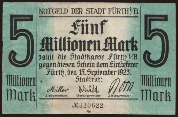 Nemecko, Grossgeld, Inflation, 1923: Fürth/ Stadt, 5.000.000 Mark, 1923