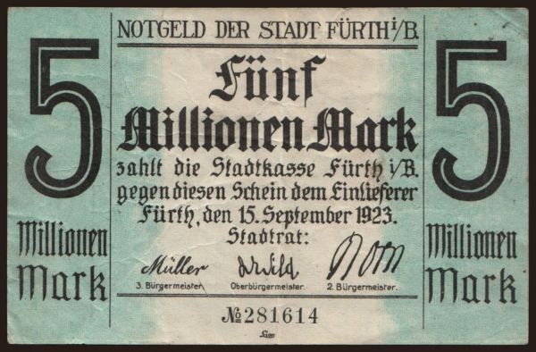 Németország, Grossgeld, Inflation, 1923: Fürth/ Stadt, 5.000.000 Mark, 1923