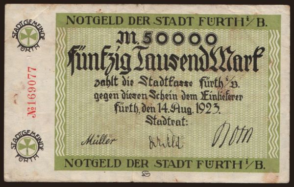 Germany, Grossgeld, Inflation, 1923: Fürth/ Stadt, 50.000 Mark, 1923