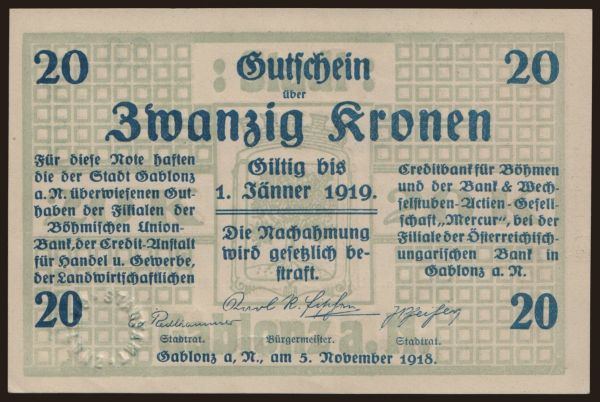 Csehszlovákia és utódállamai, Helyi kiadások: Gablonz, 20 Kronen, 1918