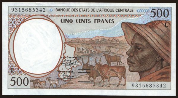 Afrika, Stredná Afrika: Gabon, 500 francs, 1993