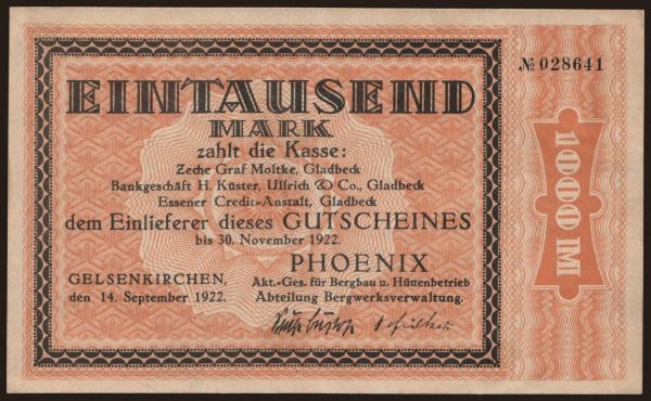 Németország, Grossgeld, Inflation, 1922: Gelsenkirchen/ Phoenix AG für Bergbau u. Hüttenbetrieb, 1000 Mark, 1922