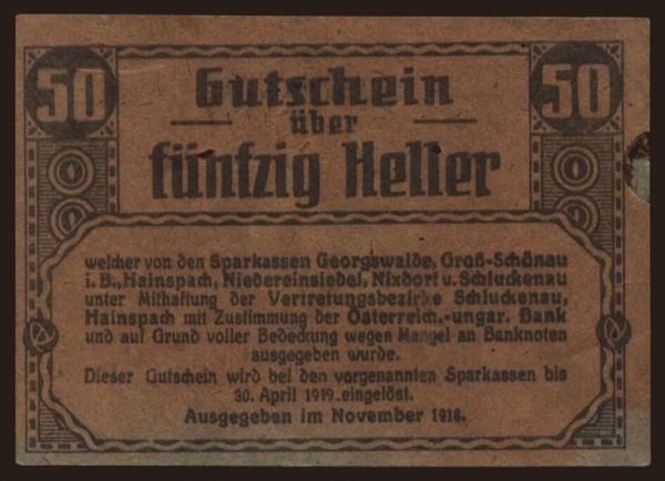 Czechoslovakia and successor states, Local issues: Georgswalde, 50 Heller, 1918