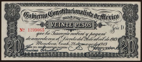 Amerika, Mexico: Gobierno Constitucionalista De Mexico, 20 pesos, 1913