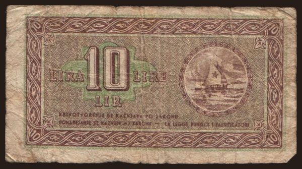 Európa, Juhoslávia, Juhoslávia - Núdzovky: Gospodarska banka za Istru, Rijeku i Slovensko Primorje, 10 lire, 1945