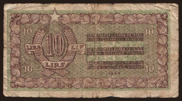 Európa, Juhoslávia, Juhoslávia - Núdzovky: Gospodarska banka za Istru, Rijeku i Slovensko Primorje, 10 lire, 1945