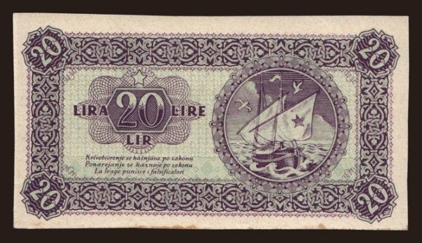 Europe, Yugoslavia, Yugoslavia - Local issues: Gospodarska banka za Istru, Rijeku i Slovensko Primorje, 20 lire, 1945