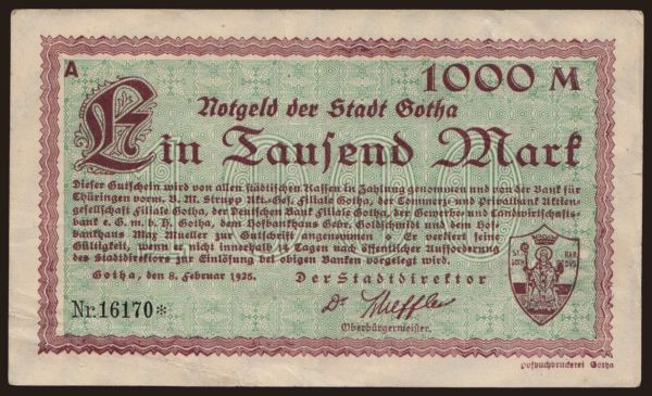 Nemecko, Grossgeld, Inflation, 1923: Gotha/ Stadt, 1000 Mark, 1923