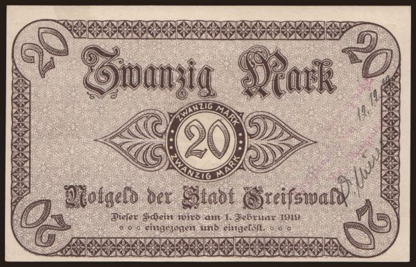 Nemecko, Grossgeld, Inflation, 1918-1920: Greifswald/ Stadt, 20 Mark, 1918