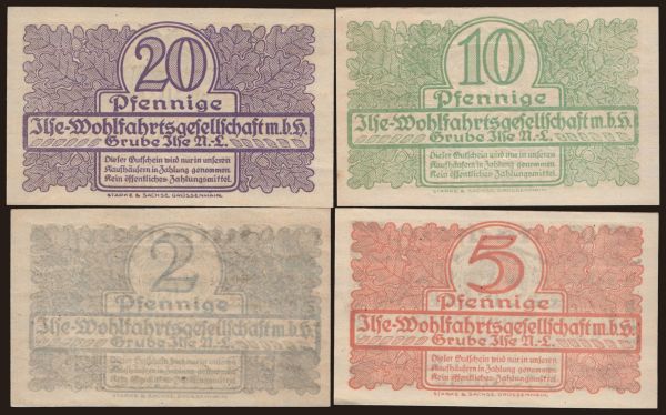 Germany, Serienscheine, 1921-1922: Grube Ilse/ Ilse-Wohlfahrts-Gesekkschaft, 4x 2 - 20 Pfennig, 1921