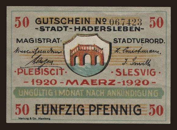 Európa, Dánsko, Dánsko - Núdzové vydania: Haderslev/ Stadt, 50 Pfennig, 1920