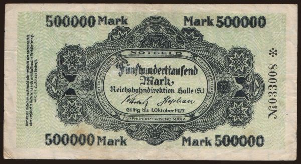 Nemecko, Deutsche Reichsbahn / Reichspost: Halle, 500.000 Mark, 1923