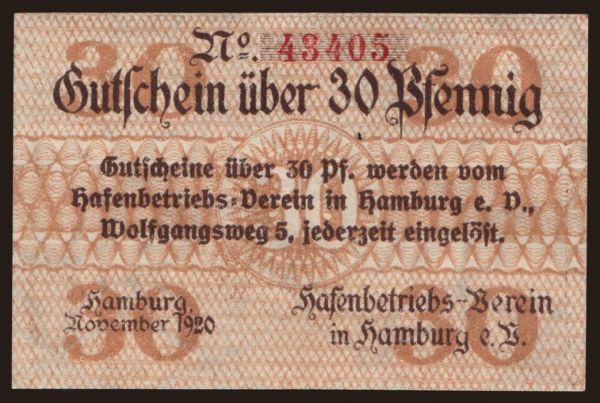 Nemecko, Verkehrsausgaben, 1916-1922: Hamburg/ Hafenbetriebsverein, 30 Pfennig, 1920