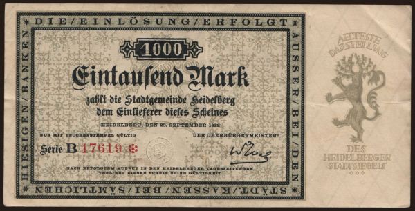 Germany, Grossgeld, Inflation, 1922: Heidelberg/ Stadt, 1000 Mark, 1922